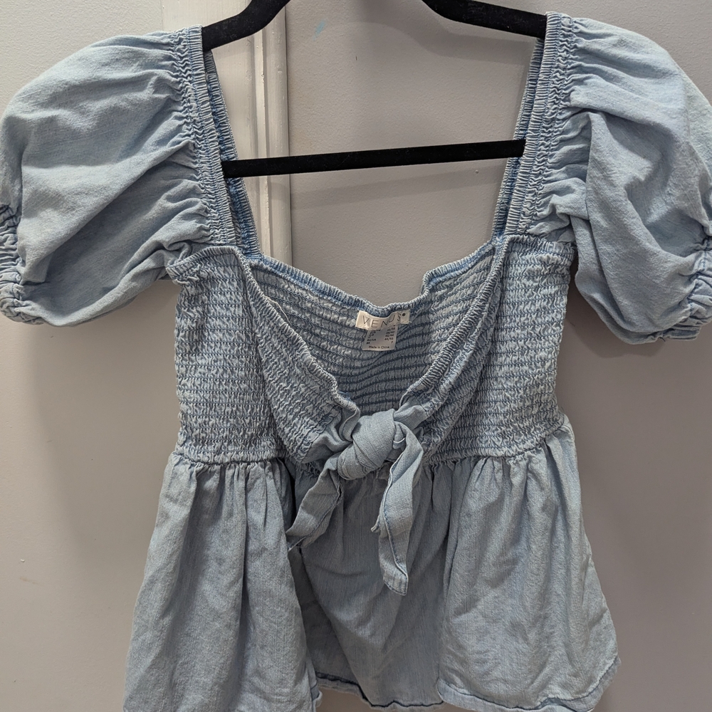 VENUS Light Blue Smocked Puff Sleeve Blouse